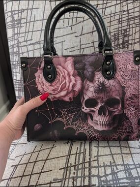 Skull & Rose Print Tote Bag in Pink and Black